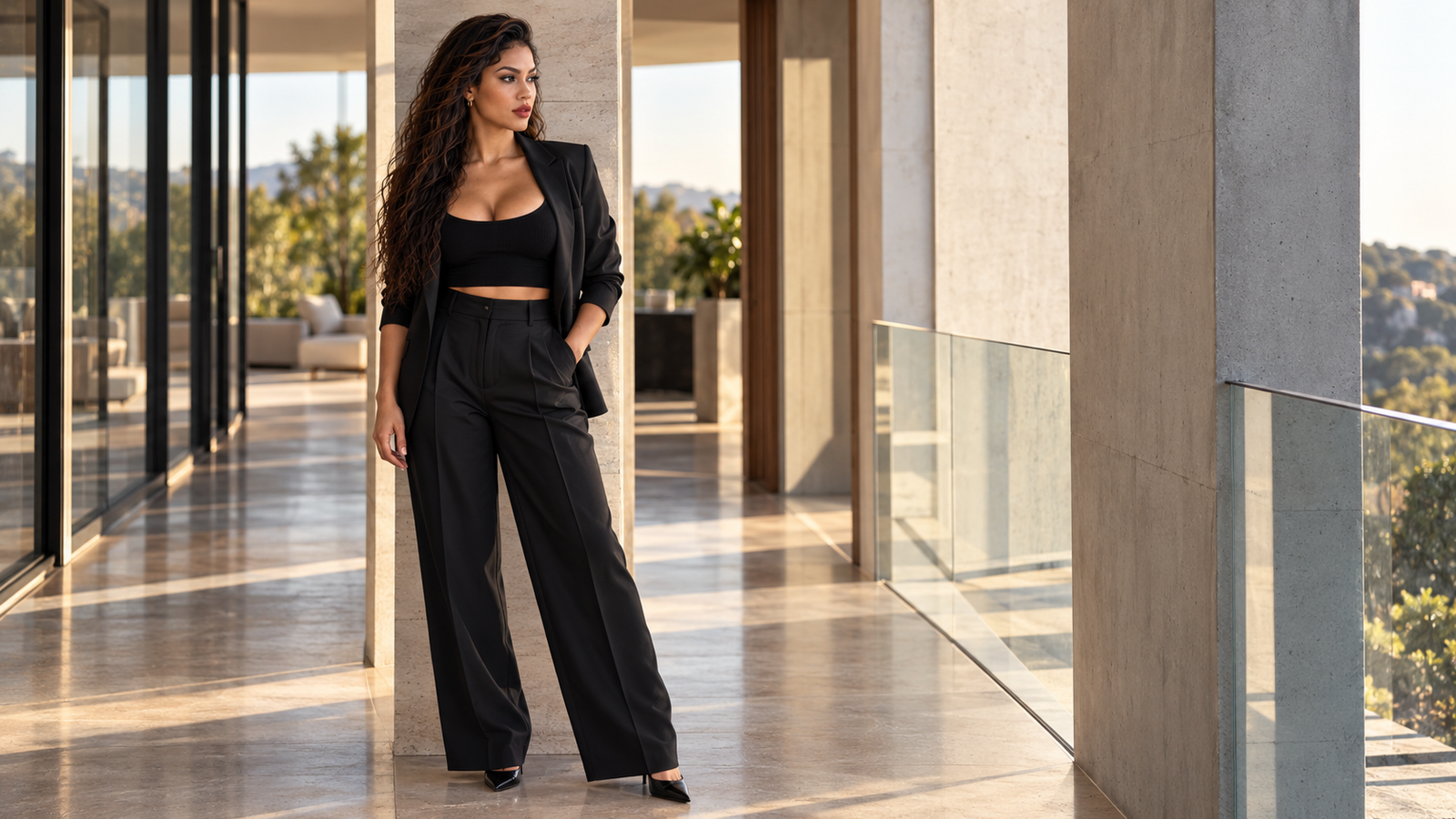 Clara Santos em ambiente de arquitetura contemporânea