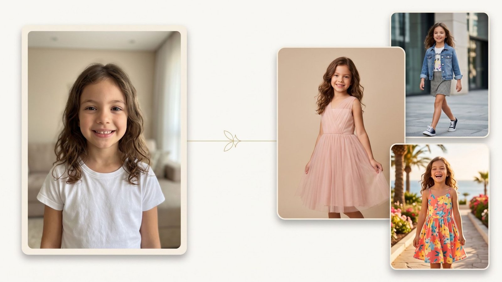 Exemplo de transformação de uma fotografia em diferentes ensaios do Book Kids IA
